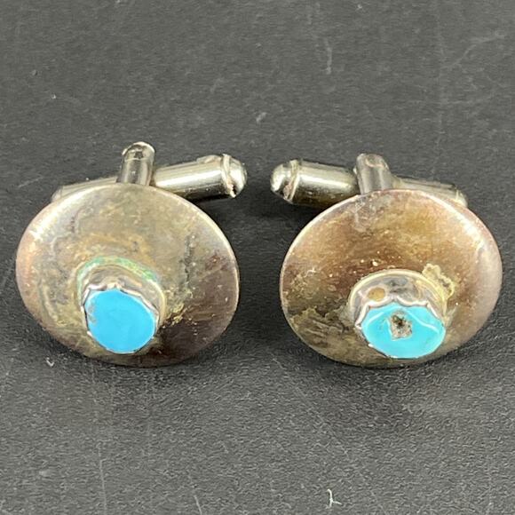 Vintage Sterling Silver & Turquoise Southwest Style Round Cufflinks Cuff Links - Picture 6 of 10